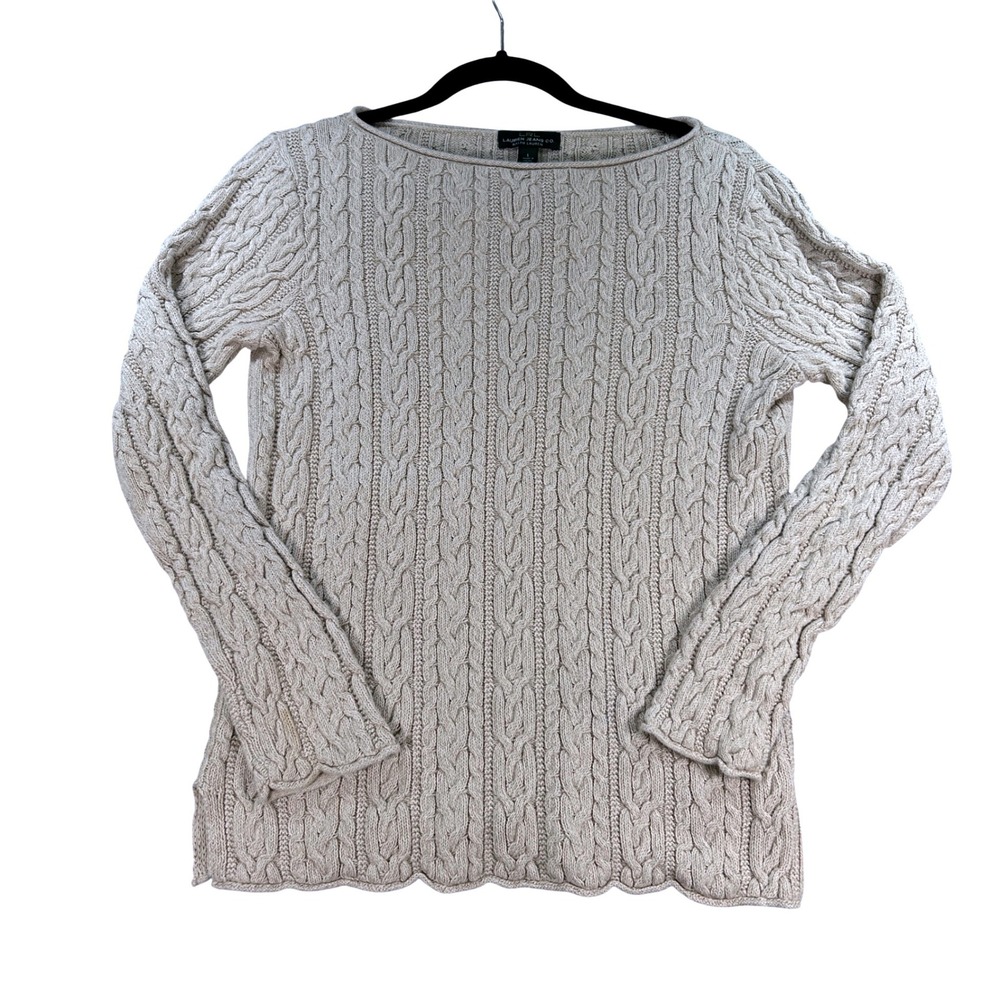 Lauren Jeans Co Ralph Lauren Sweater Cable Knit Cotton Large Beige Boat Neck
